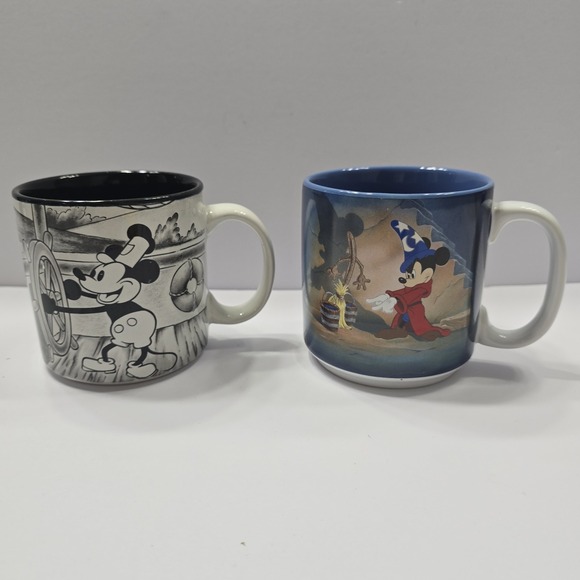 Vintage Walt Disney‎ Mickey Mugs Steamboat Set of 2 Black White Magic - Picture 1 of 13